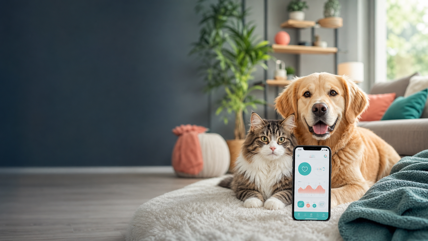 A dog and cat beside a phone showing a pet wellness dashboard